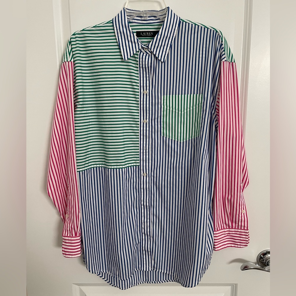 LAUREN Ralph Lauren Striped Cotton Broadcloth Shirt, Large, Multi-colored Stripe